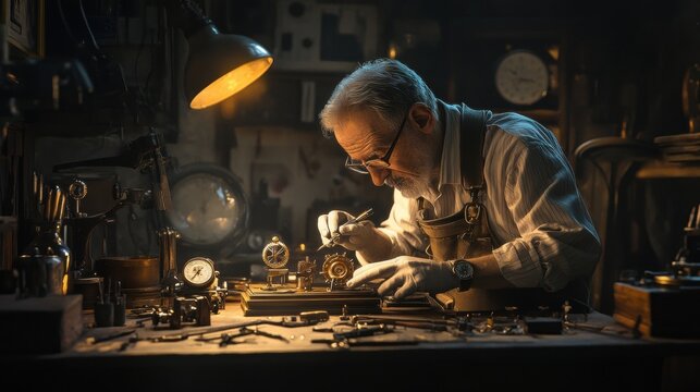 Focused elderly watchmaker meticulously repairs a complex clock mechanism.