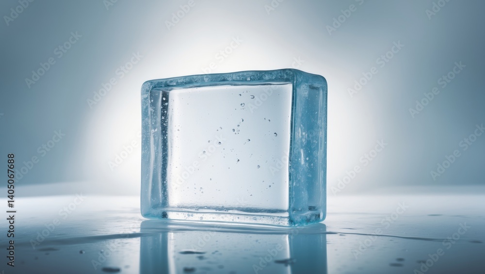 Poster A clear rectangular ice block, set against a plain background. Concept of purity and freshness.