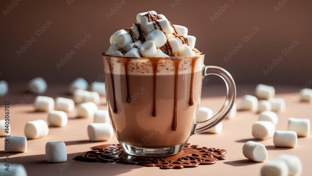 Poster a clear glass with hot cocoa topped with white marshmallows set against a background.