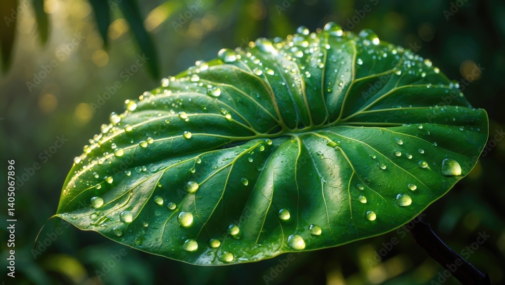 Poster an in-depth close-up of a lively mango leaf vein accentuated by shimmering water droplets