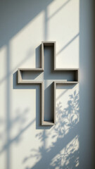 Obraz premium A modern, minimalist cross design on a wall with sunlight streaming through the window in the background.