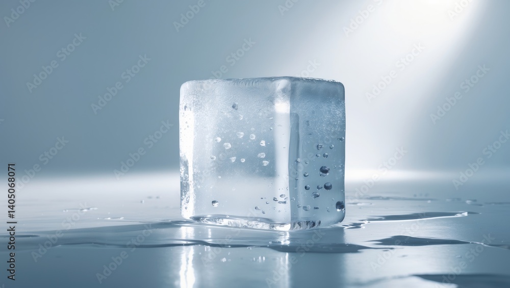 Poster An isolated rectangular block of transparent ice on a neutral backdrop. Idea of freshness and purity.
