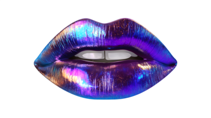 Colorful, glossy lips with a shimmering purple and blue hue, showcasing a vibrant and artistic makeup style.