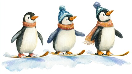 Fototapeta premium Playful Penguins on Skis in Winter Wonderland Scene Illustration Watercolor