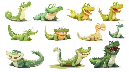 Obraz premium A collection of playful cartoon crocodiles and dinosaurs with various expressions and poses, showcasing their vibrant green colors.