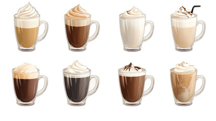 An assortment of delicious coffee drinks, featuring various flavors and toppings in clear mugs.