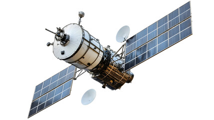 A detailed view of a satellite with solar panels, showcasing its advanced technology and design.