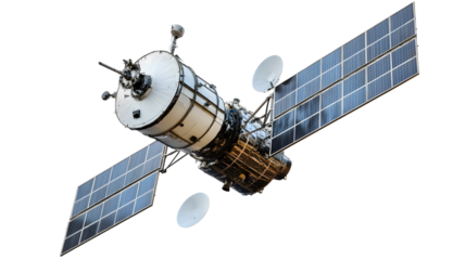 A detailed view of a satellite with solar panels, showcasing its advanced technology and design.