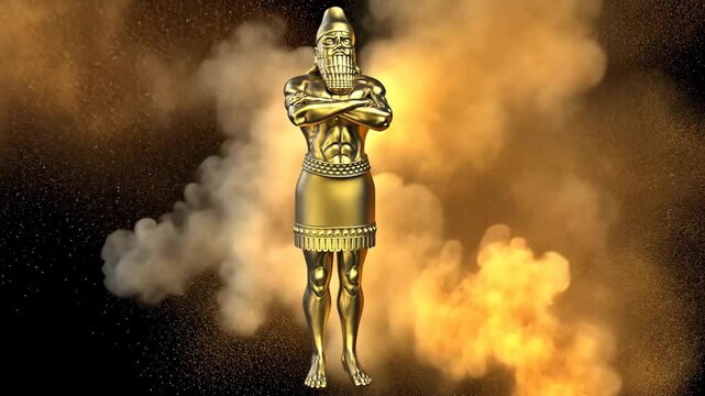 A golden statue dream of an ancient empire king with fire explosion effects Biblical Prophecies World Empires 4K