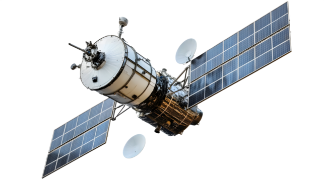 A detailed view of a satellite with solar panels, showcasing its advanced technology and design.