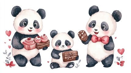 Cute pandas with sweets and gifts in a watercolor illustration 