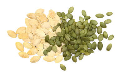 Pumpkin seeds isolated on white background, top view	