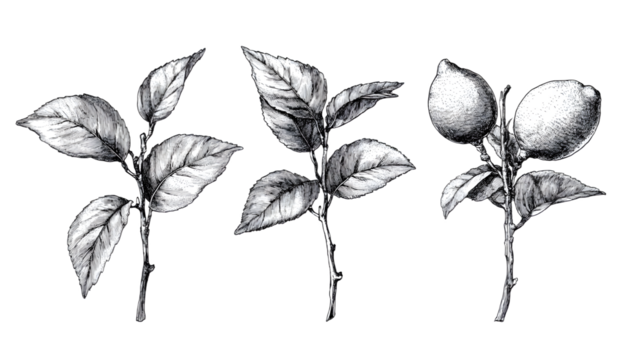 Illustration of lemon branches with leaves, featuring ripe lemons in black and white.