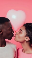 Young african male and hispanic female couple kissing heart balloon