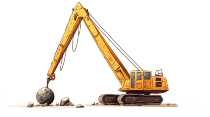 A large yellow excavator equipped with a rock hammer, ready for demolition work.