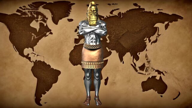 A statue made of various metals a dream of an ancient empire king with the world map and fire explosion in the background Biblical Prophecies World Empires 4K