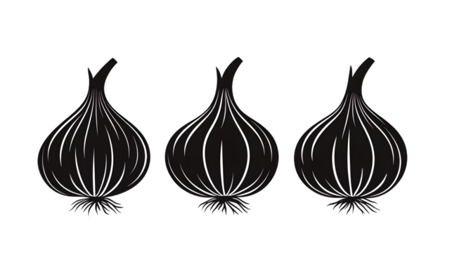 Three stylized black and white onions arranged in a row.