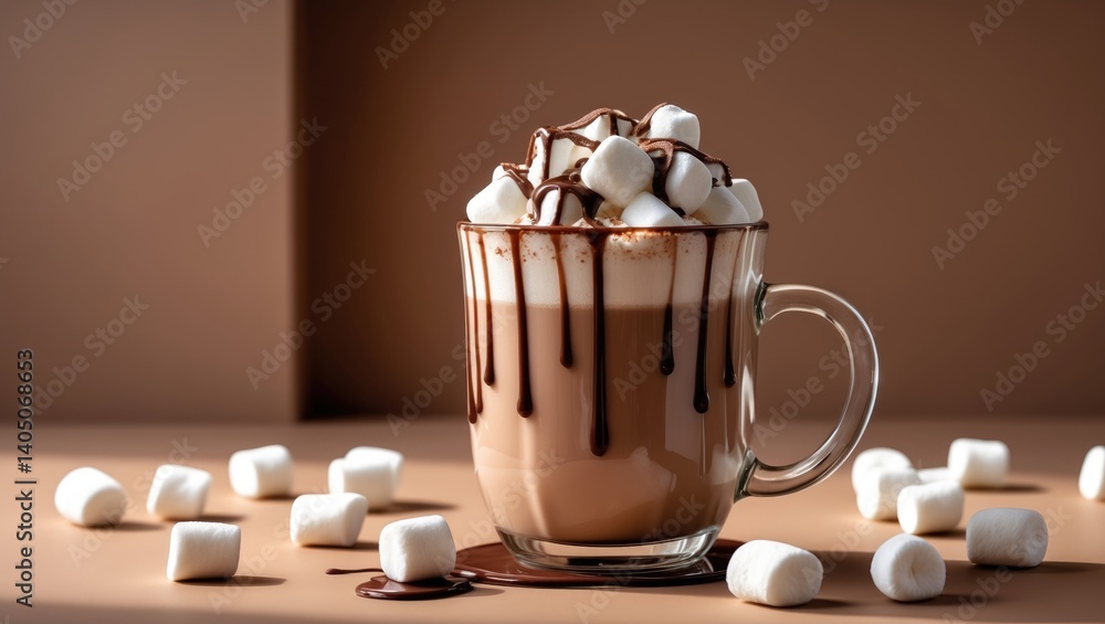 Poster hot cocoa beverage in a transparent glass with marshmallows on the backdrop.