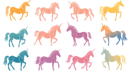 Obraz premium Playful assortment of colorful unicorn silhouettes, showcasing a magical blend of pastel hues and shimmering stars.