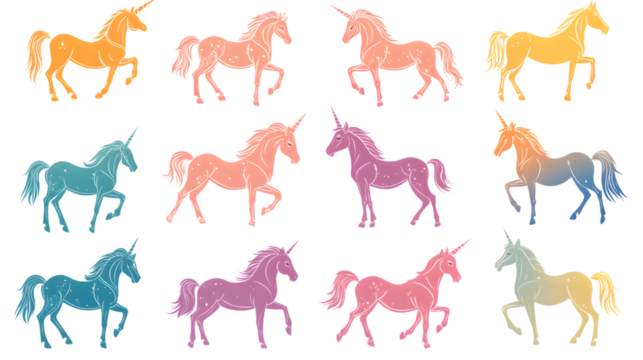 Playful assortment of colorful unicorn silhouettes, showcasing a magical blend of pastel hues and shimmering stars. - Powered by Adobe