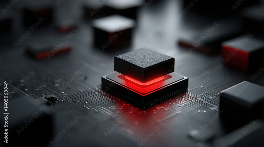Poster striking black and red cube positioned on a circuit board representing the power of ai in financial 