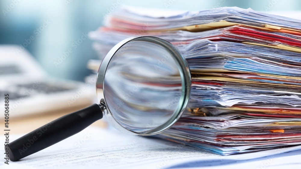 Poster pile of papers with repeated magnifying glass illustrating ai data scanning for in-depth document an