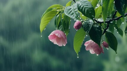 Gentle Rain Falling on Pink Flowers and Green Leaves Branch - Powered by Adobe
