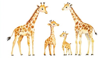 Obraz premium Adorable Watercolor Giraffes in Family Group Standing Together Watercolor