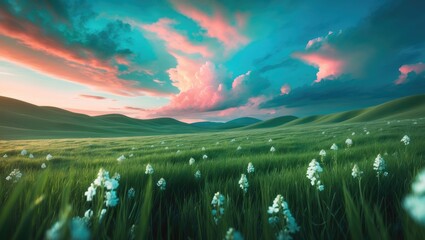A vibrant sunset sky above infinite lush green fields