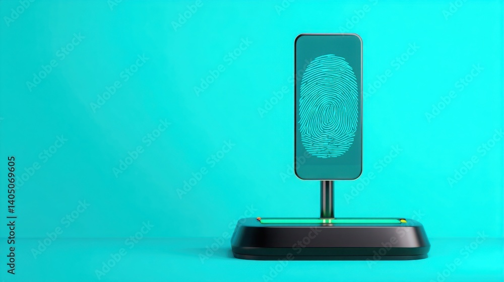 Poster close-up of a fingerprint on a stand indicating advanced security features and payment methods for m