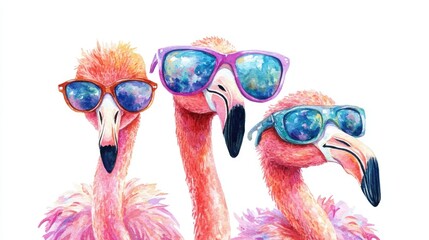 Three Colorful Flamingos with Sunglasses in Artistic Illustration Watercolor