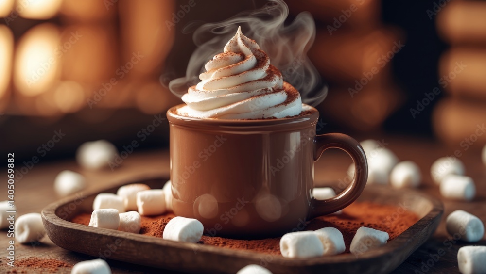 Poster an inviting cup of hot cocoa adorned with whipped cream, marshmallows, and a sprinkle of cocoa.