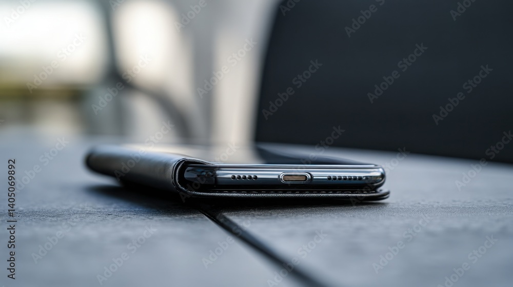 Poster modern smartphone resting on a table signifying connectivity and digital communication in everyday l