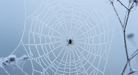 Obraz premium Dew-Kissed Spiderweb with Resident Spider in Misty Blue