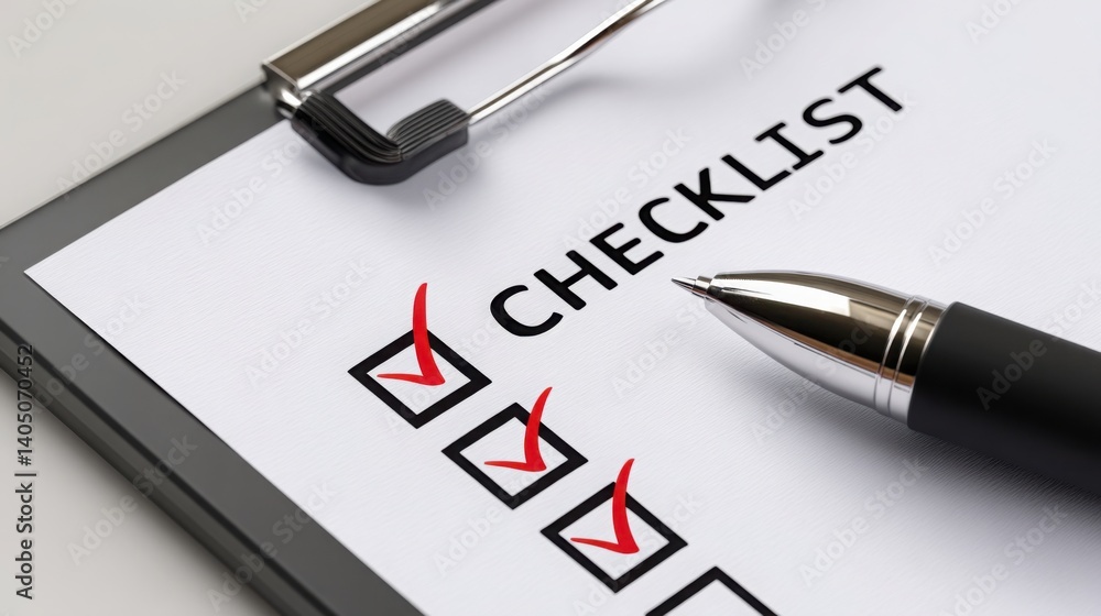 Poster detailed checklist with a pen placed on top in a dynamic environment highlighted by ai signal spotli