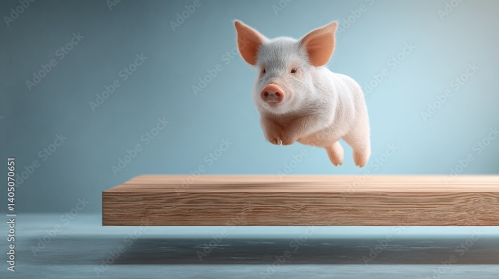 Aufkleber playful pig jumping over a wooden table representing joy and abundance with an ai system above a pig