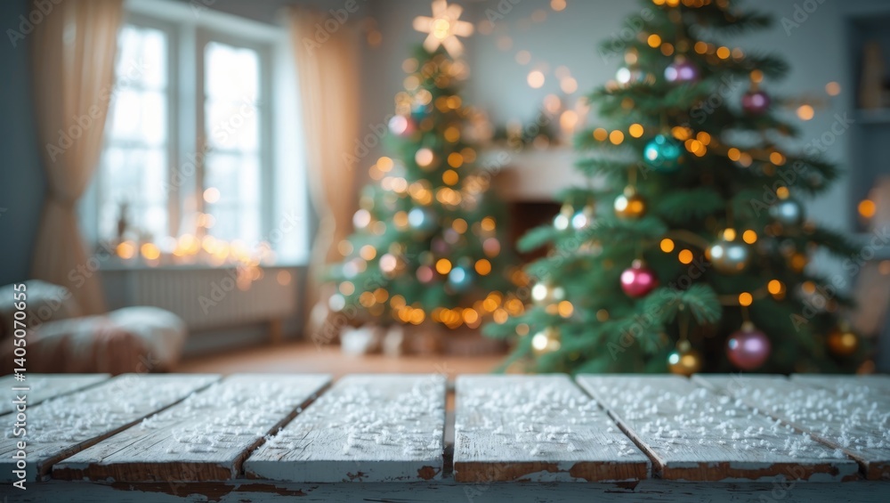 Poster an appealing christmas tree featuring a green tree and a wooden table perfect for promotional use or