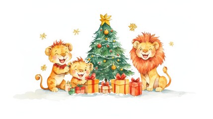 Cute Lions Celebrating Christmas with Gifts and a Christmas Tree Watercolor