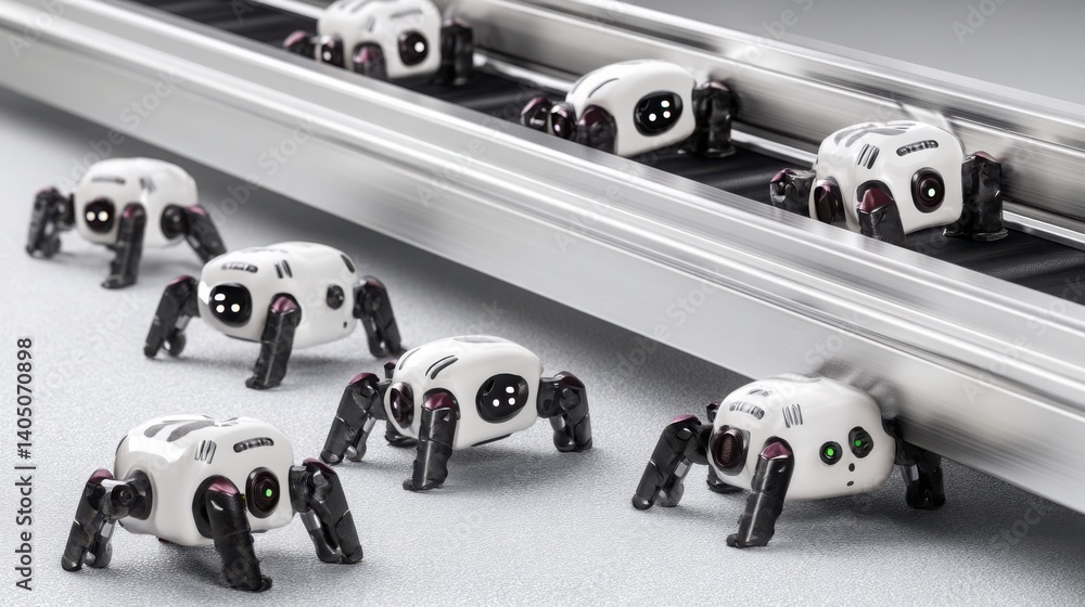 Poster row of robots representing advanced automation surrounded by nodes illustrating an invoice beam in a