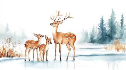 Gentle Majestic Deer Family in Snowy Winter Landscape Scene Watercolor