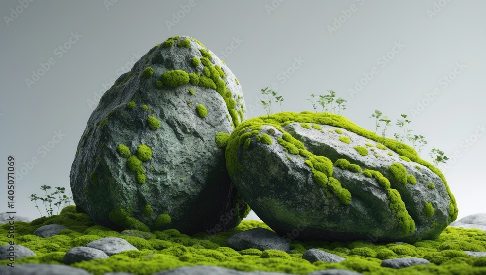 Poster a lush green woodland featuring rocky stones shrouded in a heavy layer of moss and tiny vegetation i