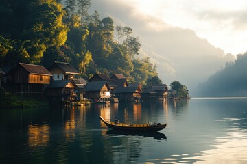 Fototapeta premium Serene lake village nestled in a lush mountain valley.
