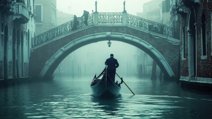 Misty Venetian canal scene with gondolier.