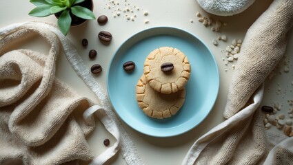 A peaceful spa environment with cookies on a plate alongside a plant, towel, and stones, fostering a relaxing vibe