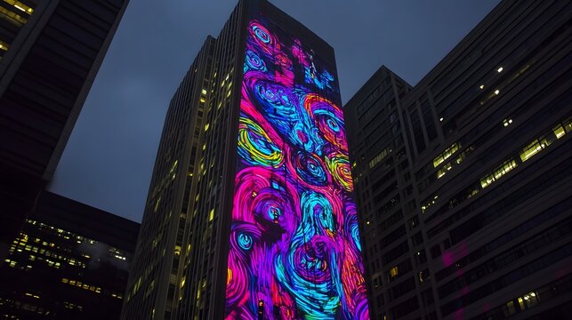 Illuminated Abstract Display on Skyscraper: Captivating evening shot of a high-rise building, its surface transformed into a dynamic canvas of vivid colors and abstract patterns.