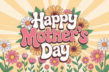 Obraz premium Celebratory Mother's Day card featuring “Happy Mother's Day” text with colorful balloons, white daisies, and decorative festive elements on a warm peach background.