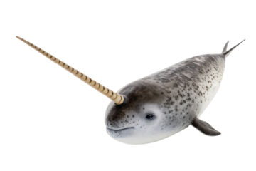 Unique narwhal with a long tusk swimming in a clear ocean environment during a sunny day