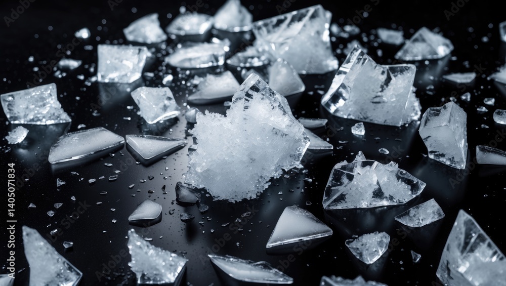 Poster fragments of crushed ice on a dark backdrop.