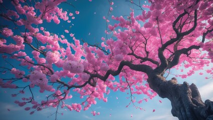 A branch of a tree decorated with bright pink flowers set against a clear sky.