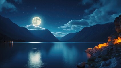 A wide-angle perspective of a lunar night above the mountains